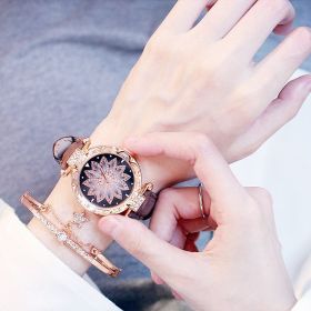 2pcs Women Watches Set Starry Sky Ladies Bracelet Watch Casual Leather Sports Quartz Watches(No Box) (Color: Brown)