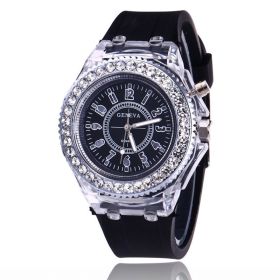 Luminous Watch Rhinestone LED Flash Couple Silicone For Women Unisex Round Quartz Sports Watch (Color: Black)